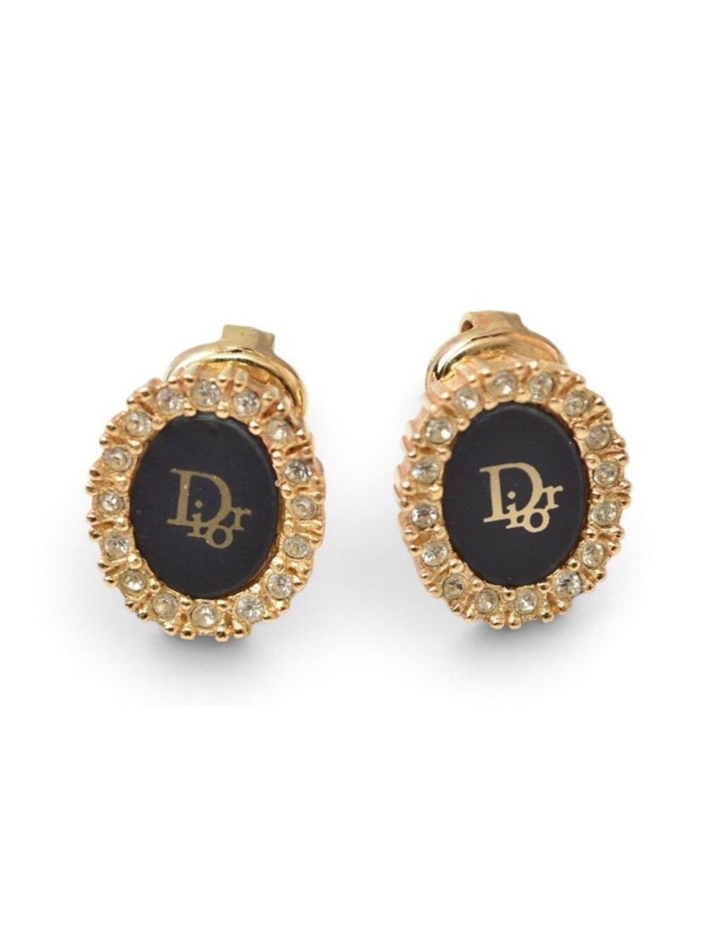 Dior Earrings Vintage Circle Motif Rhinestone Black Gold